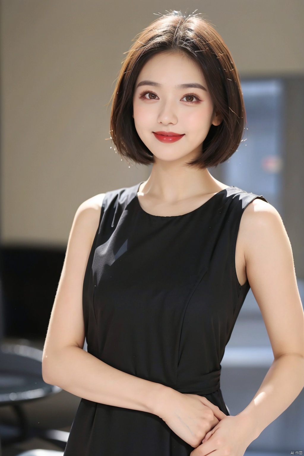 1girl, solo, dress, black dress, looking at viewer, short hair, sleeveless, black hair, sleeveless dress, standing, brown eyes, smile, blurry background, red lips, blurry, lips, long dress