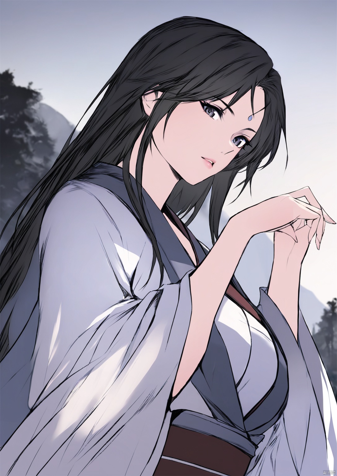  solo,highly detailed,(best quality),((masterpiece)),1girl,black hair,long hair,hanfu,see-through,looking_at_viewer,from below,mountain,forest,upper body,ge,peiyuhan,