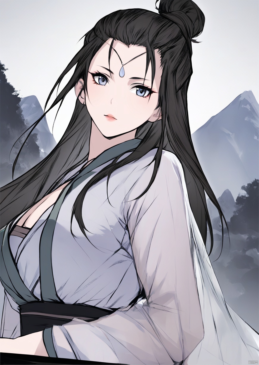  solo,highly detailed,(best quality),((masterpiece)),1girl,black hair,long hair,hanfu,see-through,looking_at_viewer,from below,mountain,forest,upper body,bangs pinned back,hair bun,ge,peiyuhan,