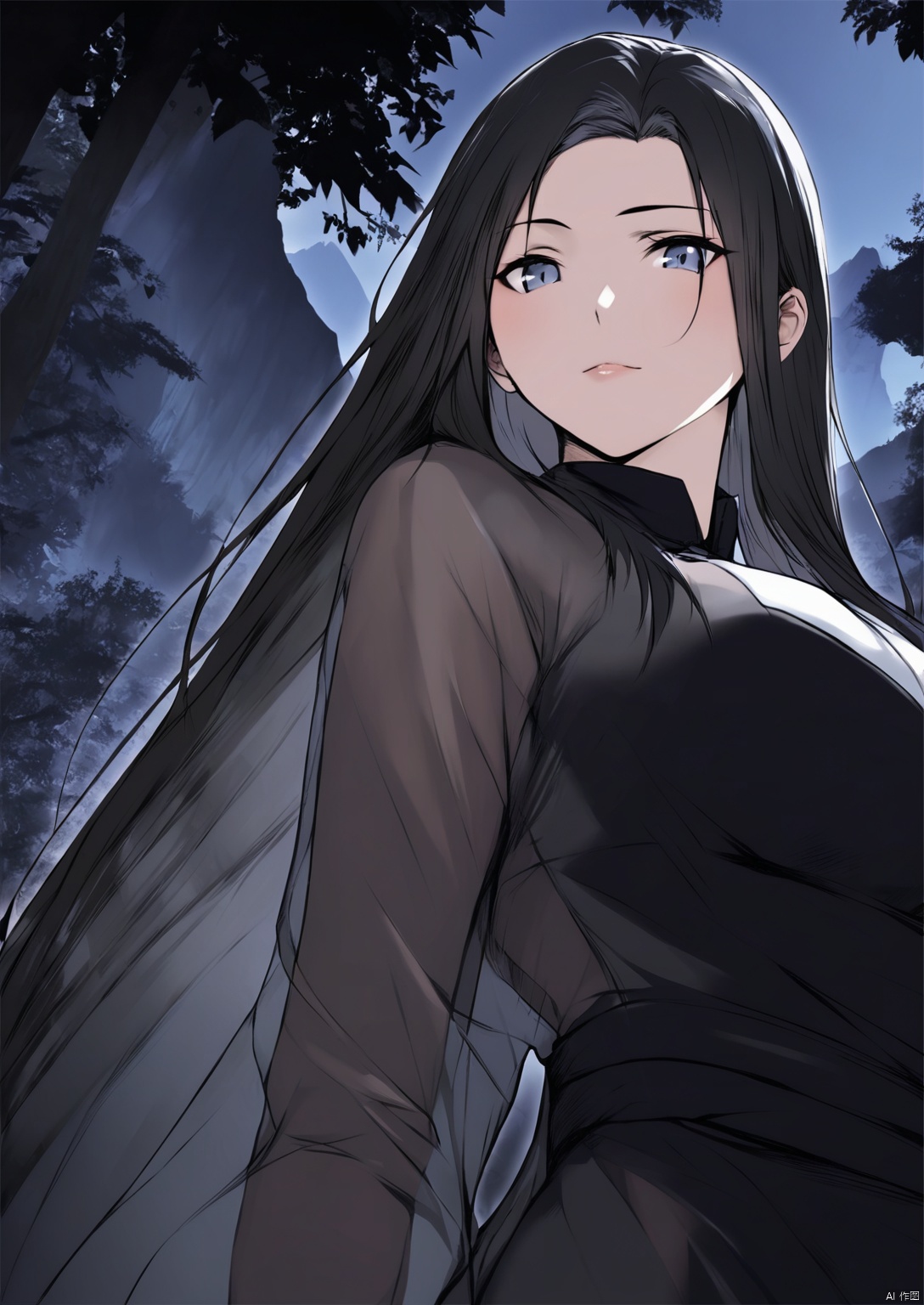  solo,highly detailed,(best quality),((masterpiece)),1girl,black hair,long hair,see-through,looking_at_viewer,from below,mountain,forest,upper body,ge,yu,