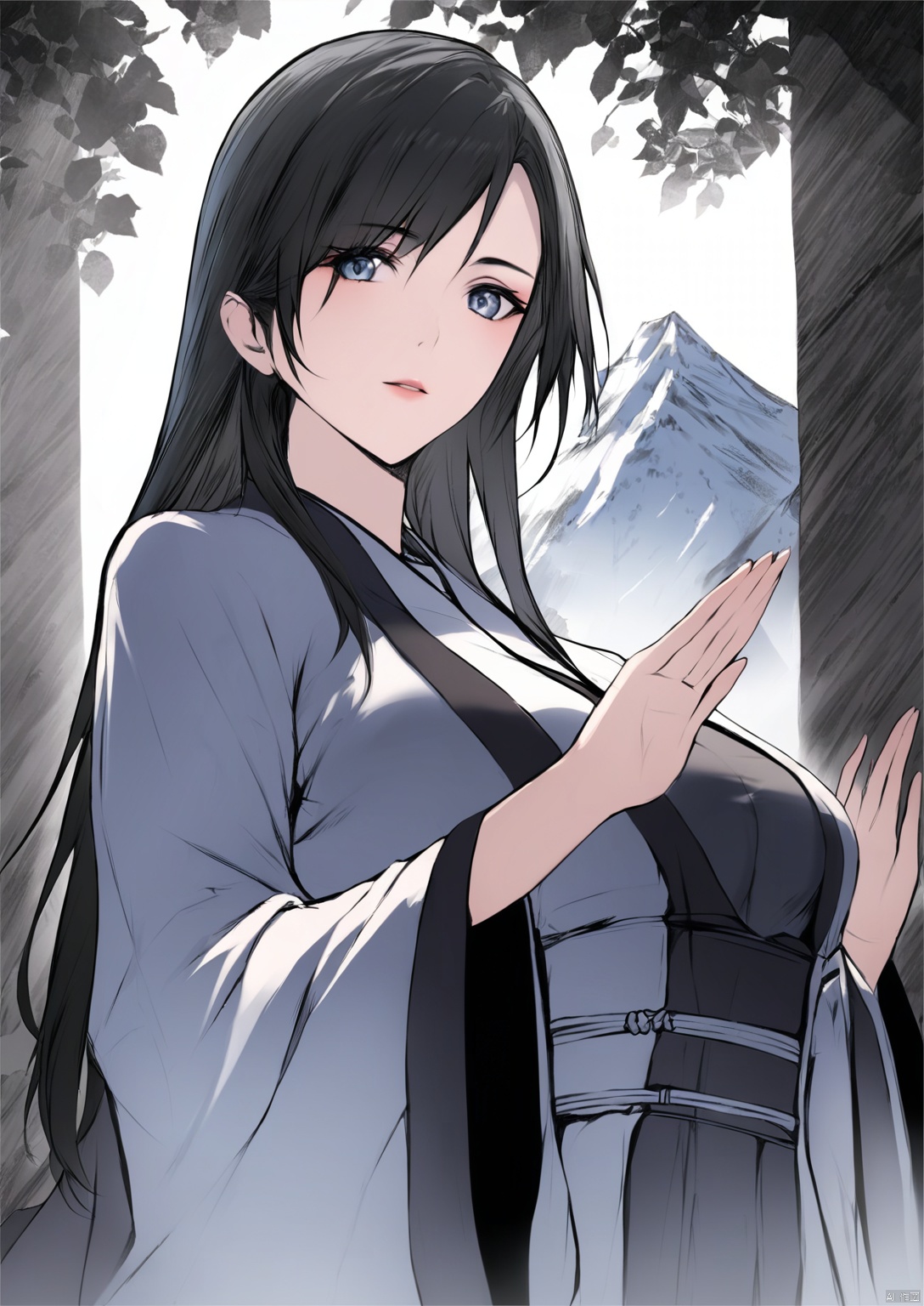  solo,highly detailed,(best quality),((masterpiece)),1girl,black hair,long hair,hanfu,see-through,looking_at_viewer,from below,mountain,forest,upper body,ge,peiyuhan,