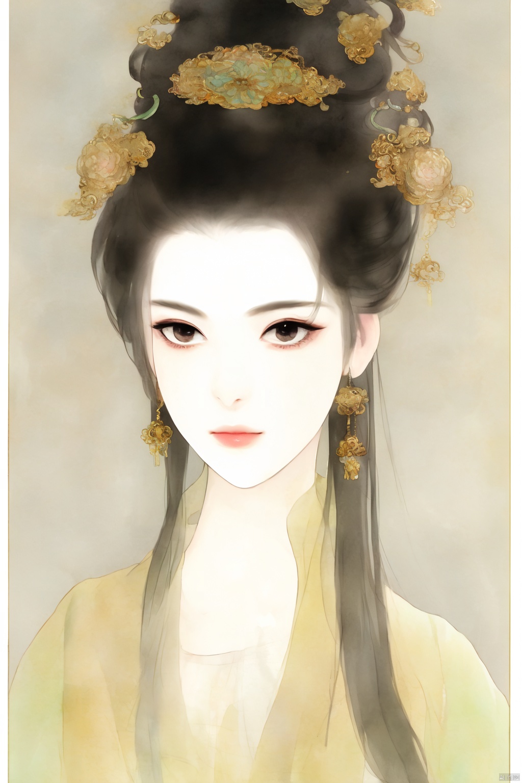 1girl,hanfu, song style ,masterpiece,utfits,,bust,
circlet,black hair,black eyes,earrings,chinese clothes,simple backgroundoverlapping collar,
embroidery,Transparent background
woven gold,
makeup flower,
absurdres,
colorful,
huge filesize,
((wash painting)),((ink s...)),
pastel_color,watercolor_(medium),
transparent_background,Ink wash painting,Ancient China,
traditional Chinese painting,jewelery,upper body,simple background,long hair, traditional chinese ink painting,zhanguo