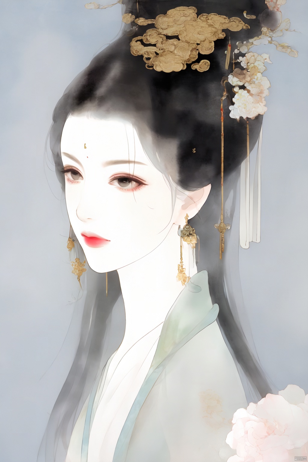 1girl,hanfu, song style ,masterpiece,utfits,,bust,
circlet,black hair,black eyes,earrings,chinese clothes,simple backgroundoverlapping collar,
embroidery,Transparent background
woven gold,
makeup flower,
absurdres,
colorful,
huge filesize,
((wash painting)),((ink s...)),
pastel_color,watercolor_(medium),
transparent_background,Ink wash painting,Ancient China,
traditional Chinese painting,jewelery,upper body,simple background,long hair, traditional chinese ink painting,zhanguo