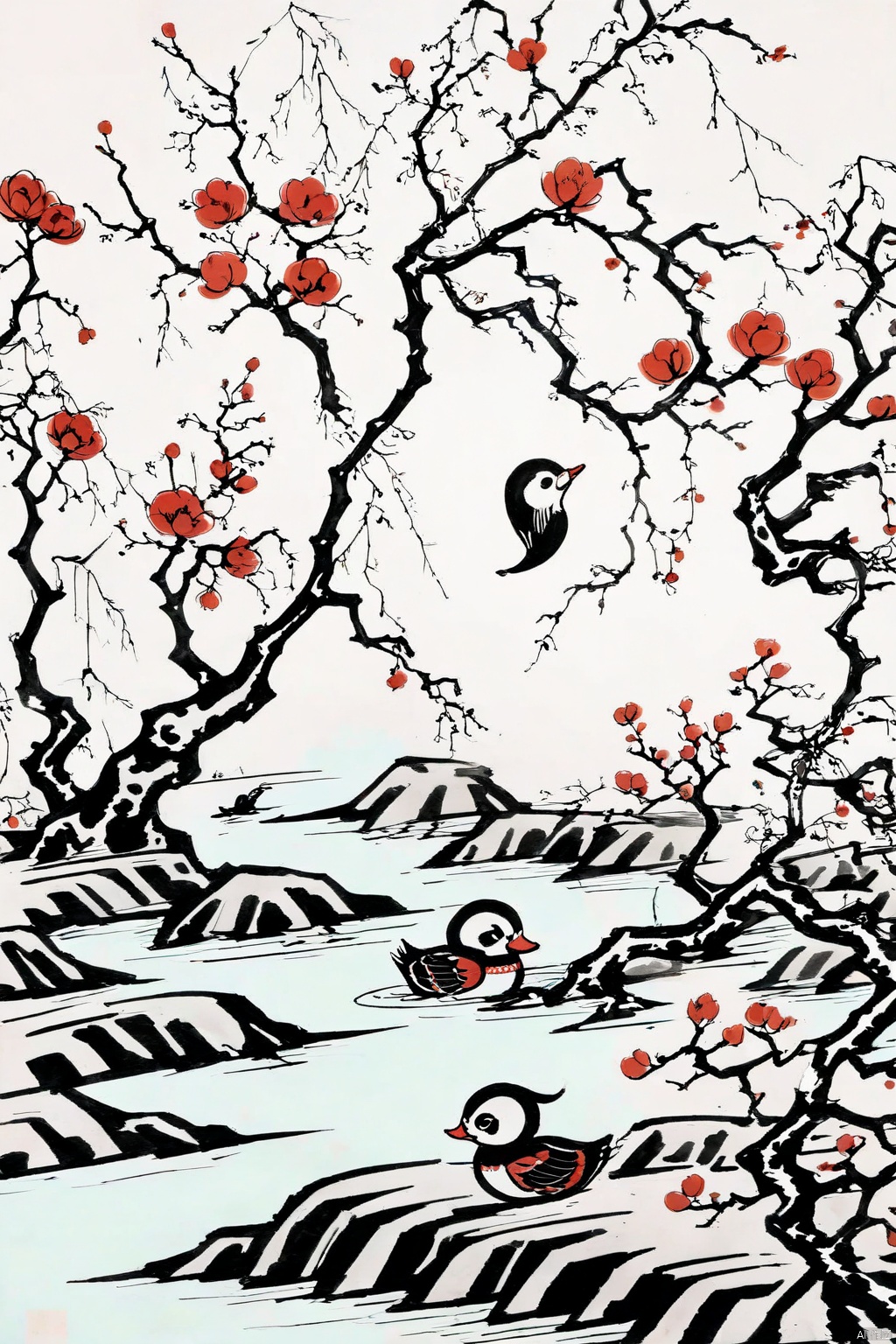 Three or two branches of peach blossoms outside the bamboo, duck prophet in spring river water, Chinese style, sketch, high saturation, ancient painting, Qi Baishi, Ding Fuzhi, ink, color ink, acrylic art, ancient Egyptian mural, traditional Chinese painting, silk, flowers and birds, boneless Drawing techniques, comics, game original paintings