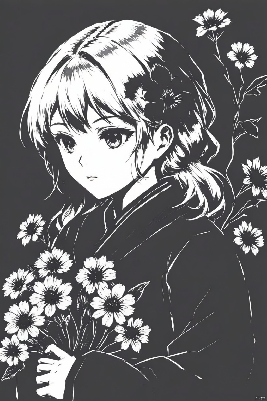 xtys, monochrome, greyscale, solo, simple background,flower,1girl