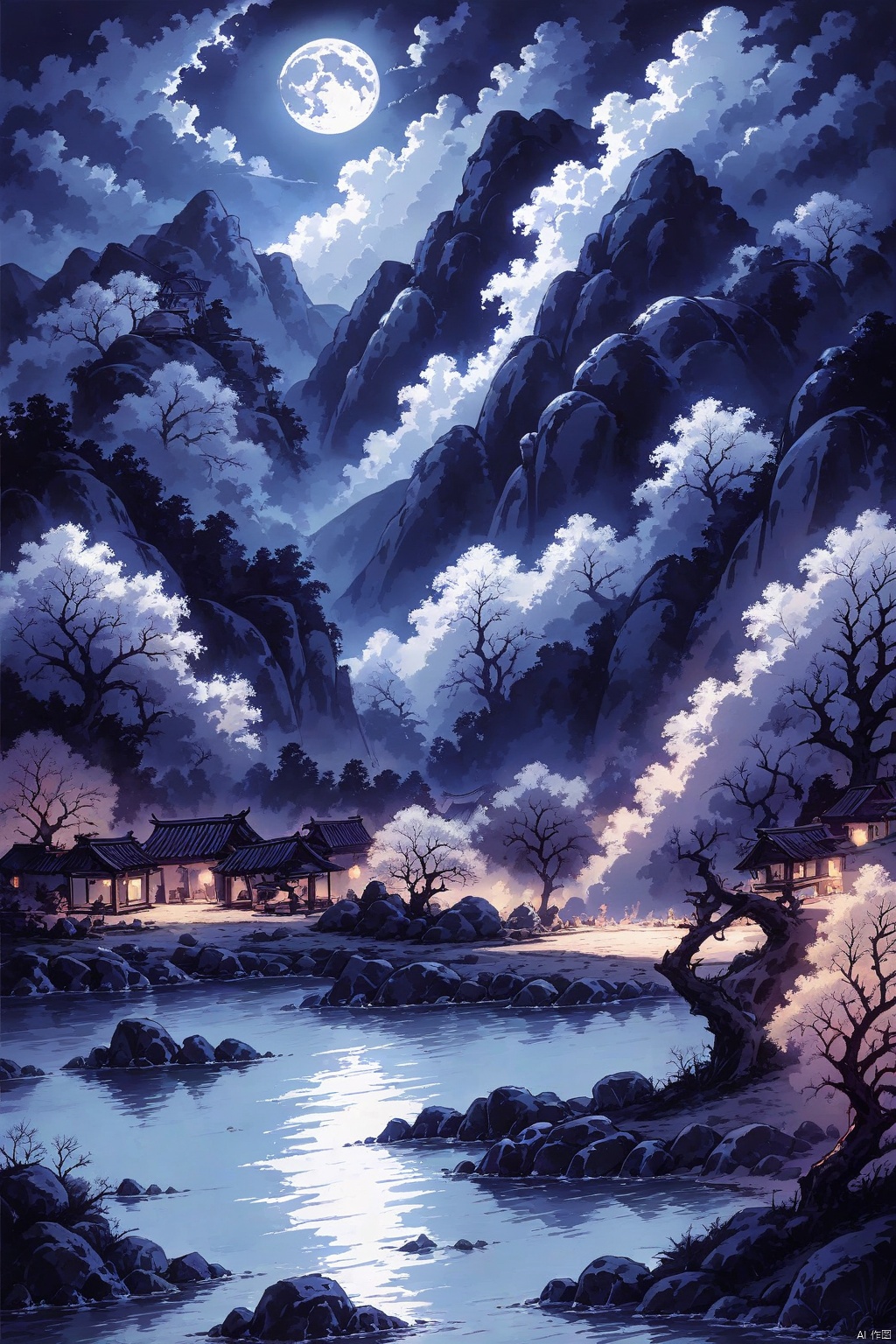  hhongj, cloud, no humans, tree, scenery, moon, sky, outdoors, full moon, cloudy sky, rock, nature, night, mountain, water