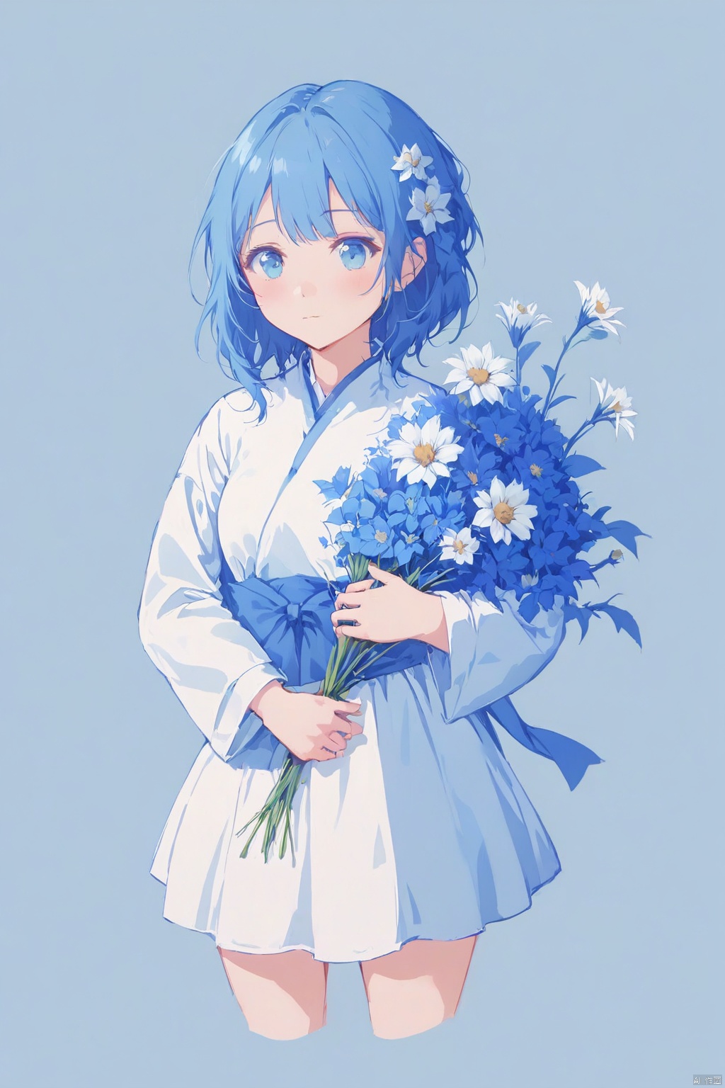 A girl, blue, solo, simple background, flowers