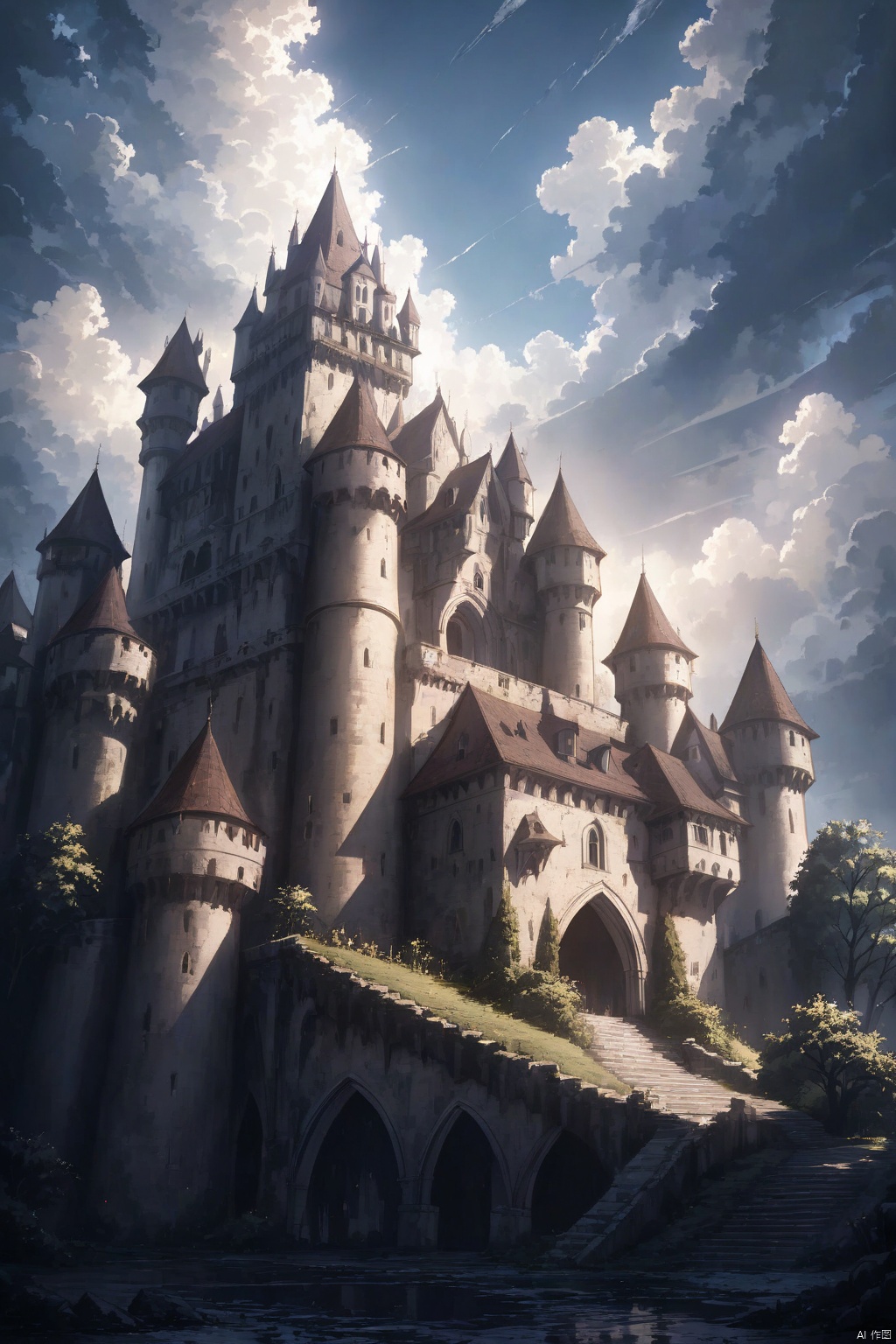  medieval castle,outdoors,sky,cloud,no_humans, sunlight, cinematic lighting,strong contrast,high level of detail,Best quality,masterpiece,Magical Fantasy Style,