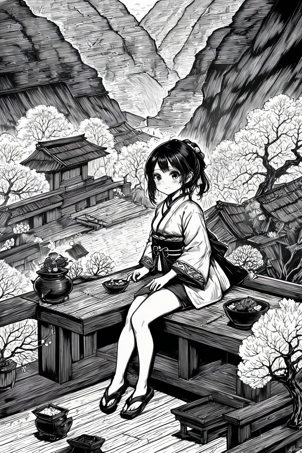 even,Ditu,1girl,sitting,scenery,east asian architecture,Line art,