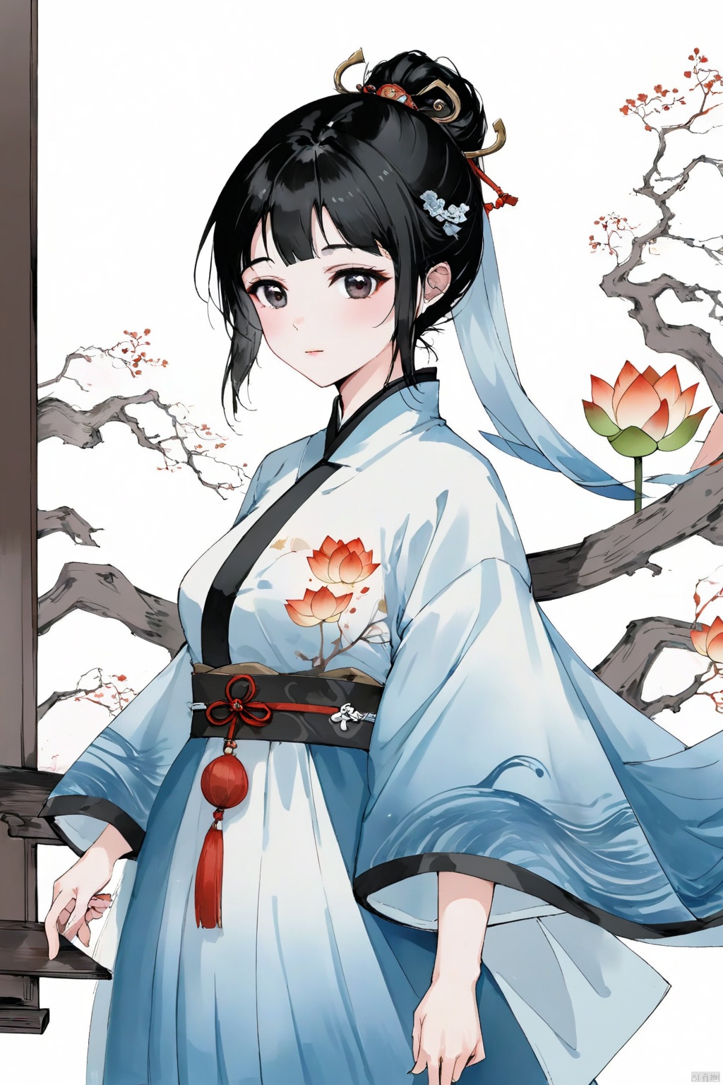 （Flat color：1.2）、Big head screen、Minimalist Zen, artistic conception, ink painting、Traditional Chinese Gongbi Painting Style,The visual style adopts flowing thin lines to showcase Chinese style,The screen is expressed using a flat technique。The screen adopts the style of the Song Dynasty in China, The color uses traditional Chinese colors and is treated with transparency.  the gentle and confident nature of women, who can be slightly slimmer.  Black hair and No complicated headgear。The screen apply elements related to the Song Dynasty in China.Chinese style light watercolor、White background, Picture composition focuses on the head（Enlarge facial details）, The character's face is adorned with lotus decorations, cloud,architecture, hanfu , hair ornament , chinese clothes, gongbiv,gongbi painting, newspaper, minimalism, ash, zgct color, FilmGirl