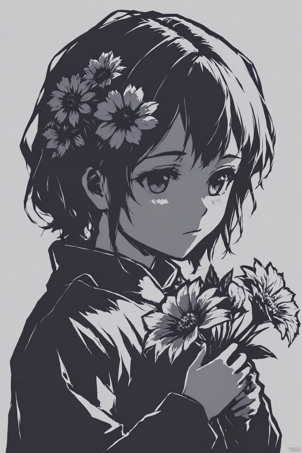 xtys, monochrome, greyscale, solo, simple background,flower,1girl
