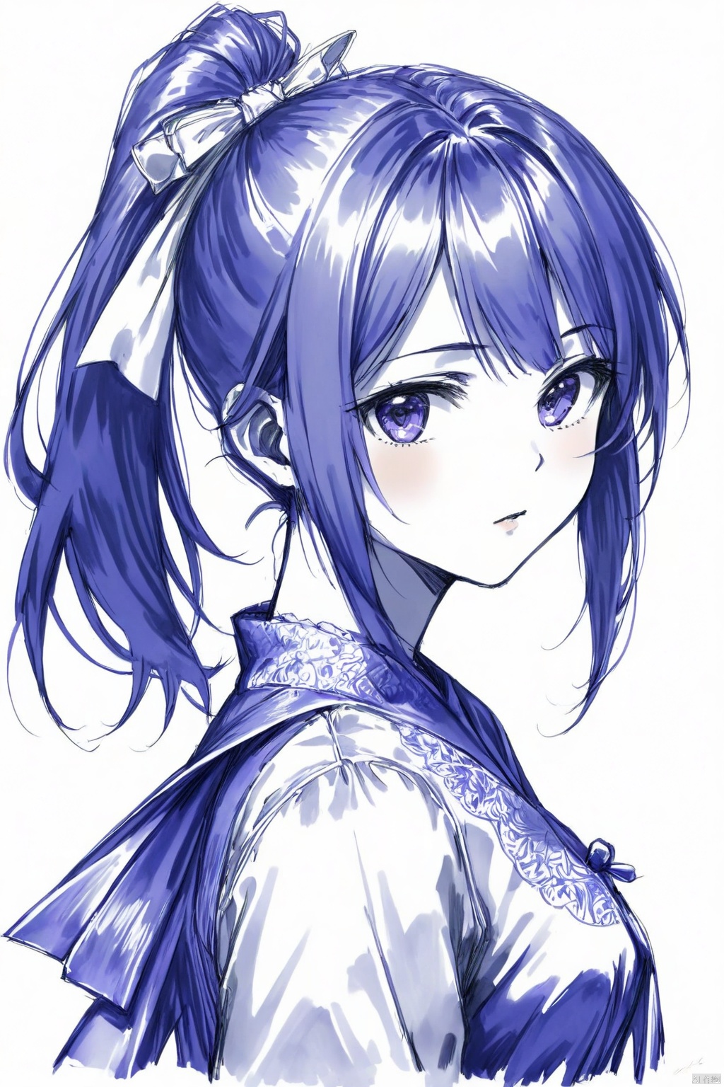 ballpoint pen drawing,(ballpoint pen drawing),best quality,Sketch,1girl,((upper body)),dress,long hair,ponytail, hair ribbon,white background,looking at viewer,.