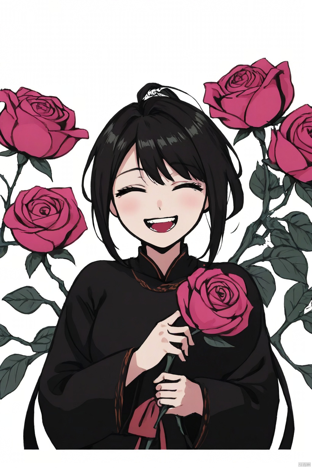 (Flat color: 1.2) Imitate Hermès illustration style with a white background, showcasing the fashion brand's style guidance, showcasing a sunny and laughing girl (8 teeth laughing); High definition, soft, and clear image quality; Clear and complete facial features, with a cute Chinese girl wearing a black top and holding a giant pink rose. No other content included, Animated Spliced Reality, anan, 1girl, (\ji jian\), graphic,illustrations,zen