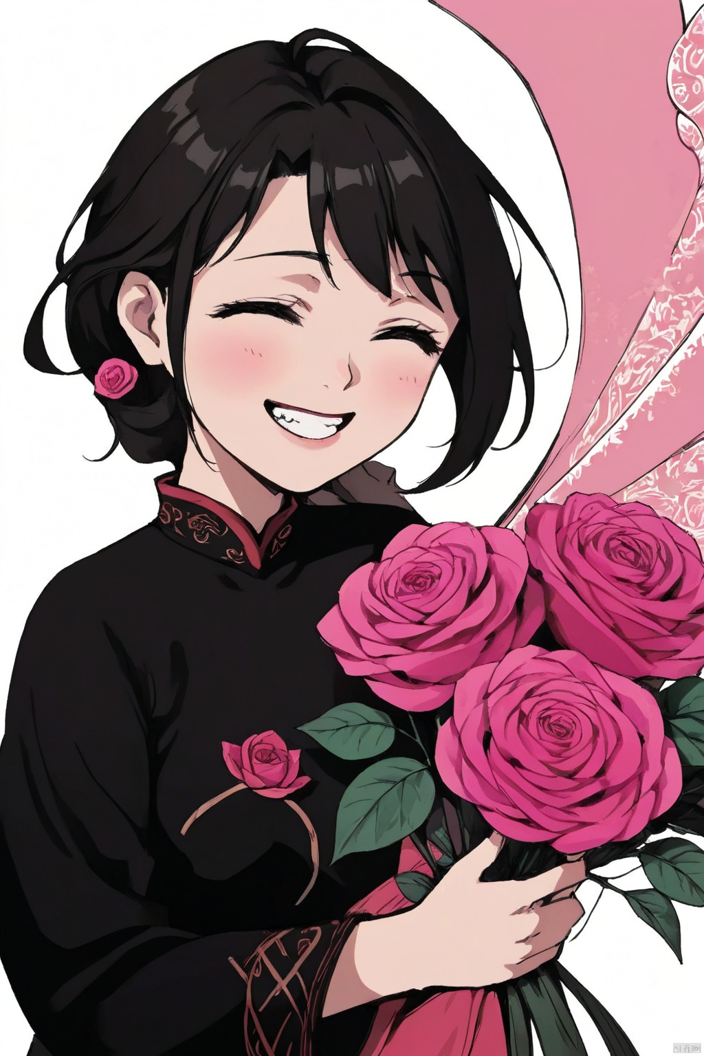(Flat color: 1.2) Imitate Hermès illustration style with a white background, showcasing the fashion brand's style guidance, showcasing a sunny and laughing girl (8 teeth laughing); High definition, soft, and clear image quality; Clear and complete facial features, with a cute Chinese girl wearing a black top and holding a giant pink rose. No other content included, Animated Spliced Reality, anan, 1girl, (\ji jian\), graphic,illustrations,zen