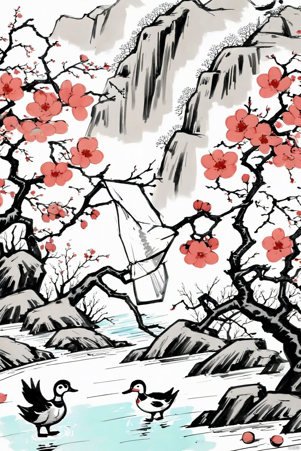 Three or two branches of peach blossoms outside the bamboo, duck prophet in spring river water, Chinese style, sketch, high saturation, ancient painting, Qi Baishi, Ding Fuzhi, ink, color ink, acrylic art, ancient Egyptian mural, traditional Chinese painting, silk, flowers and birds, boneless Drawing techniques, comics, game original paintings