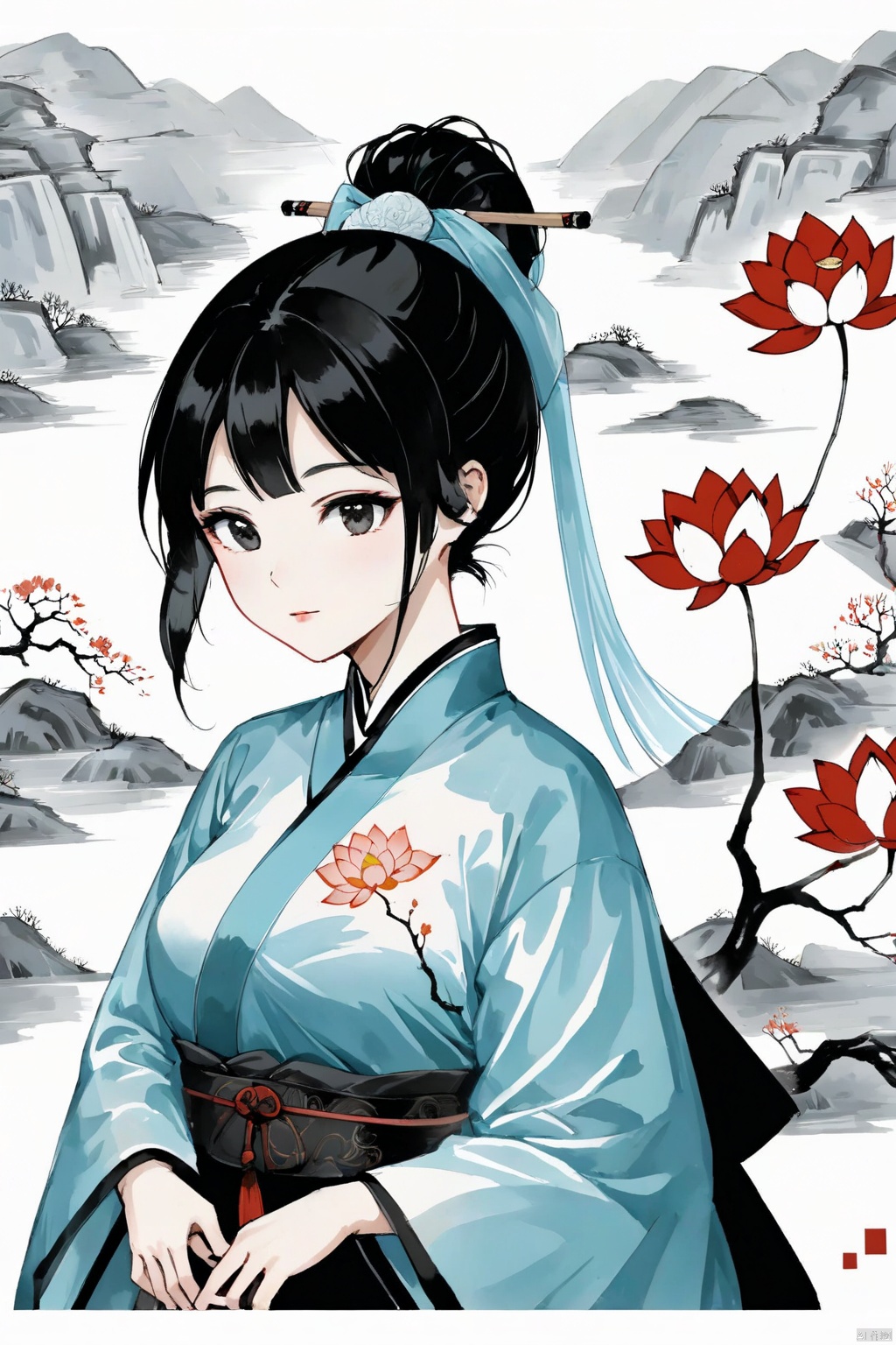 （Flat color：1.2）、Big head screen、Minimalist Zen, artistic conception, ink painting、Traditional Chinese Gongbi Painting Style,The visual style adopts flowing thin lines to showcase Chinese style,The screen is expressed using a flat technique。The screen adopts the style of the Song Dynasty in China, The color uses traditional Chinese colors and is treated with transparency.  the gentle and confident nature of women, who can be slightly slimmer.  Black hair and No complicated headgear。The screen apply elements related to the Song Dynasty in China.Chinese style light watercolor、White background, Picture composition focuses on the head（Enlarge facial details）, The character's face is adorned with lotus decorations, cloud,architecture, hanfu , hair ornament , chinese clothes, gongbiv,gongbi painting, newspaper, minimalism, ash, zgct color, FilmGirl
