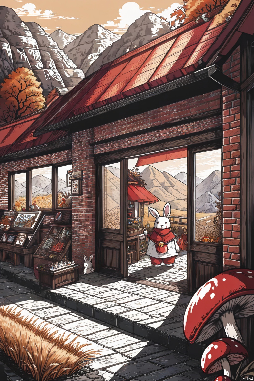 line art,line style,One Rabbit characters stand at the entrance of the shop,Rabbit in Clothes,Glass Window,Brick Wall,In the distance is a mountain,The sun horn from left to right,shop,sunshade,highly detailed digital painting,Autumn,Wheat Field,River,A house shaped  a red topped mushroom,