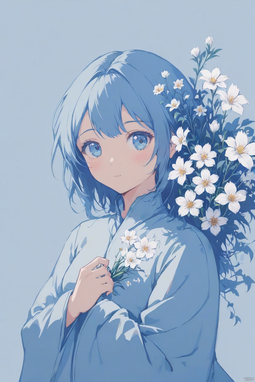 A girl, blue, solo, simple background, flowers