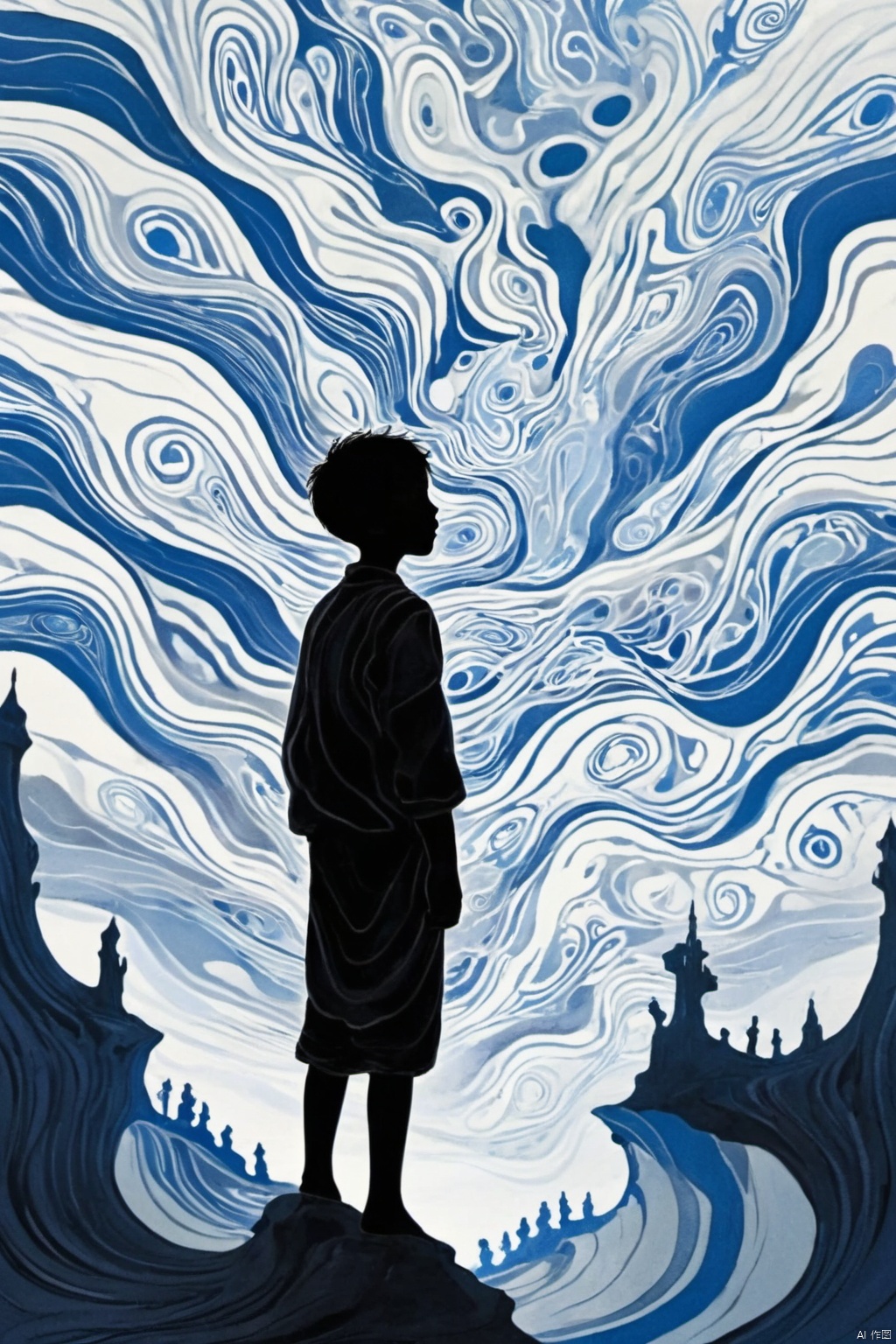 A boy silhouette with an aura of swirling colors, wandering on the edge of the abstract land of the dead,symbolizing the vastness and depth.white background, creating a surreal atmosphere, In his head is depicted as a surreal dreamscape filled with floating islands and ethereal creatures,with blowing patterns and dark hues. the colors are vibrant and fluid, capturing movement and energy in a dreamlike way, dark white color theme, digital art style, abstract art background, highly detailed.This artwork conveys a sense of wonder about life and death, longitudinal section,3d rendering 