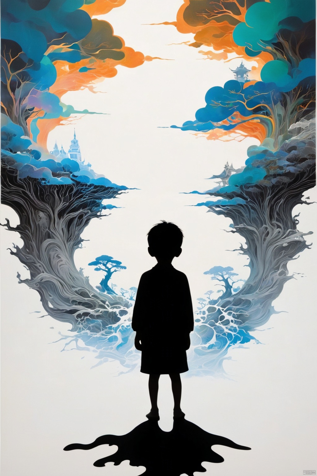 A boy silhouette with an aura of swirling colors, wandering on the edge of the abstract land of the dead,symbolizing the vastness and depth.white background, creating a surreal atmosphere, In his head is depicted as a surreal dreamscape filled with floating islands and ethereal creatures,with blowing patterns and dark hues. the colors are vibrant and fluid, capturing movement and energy in a dreamlike way, dark white color theme, digital art style, abstract art background, highly detailed.This artwork conveys a sense of wonder about life and death, longitudinal section,3d rendering 