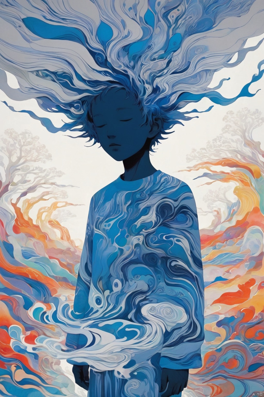 A boy silhouette with an aura of swirling colors, wandering on the edge of the abstract land of the dead,symbolizing the vastness and depth.white background, creating a surreal atmosphere, In his head is depicted as a surreal dreamscape filled with floating islands and ethereal creatures,with blowing patterns and dark hues. the colors are vibrant and fluid, capturing movement and energy in a dreamlike way, dark white color theme, digital art style, abstract art background, highly detailed.This artwork conveys a sense of wonder about life and death, longitudinal section