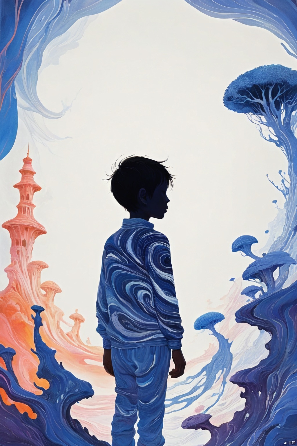 A boy silhouette with an aura of swirling colors, wandering on the edge of the abstract land of the dead,symbolizing the vastness and depth.white background, creating a surreal atmosphere, In his head is depicted as a surreal dreamscape filled with floating islands and ethereal creatures,with blowing patterns and dark hues. the colors are vibrant and fluid, capturing movement and energy in a dreamlike way, dark white color theme, digital art style, abstract art background, highly detailed.This artwork conveys a sense of wonder about life and death, longitudinal section,3d rendering 