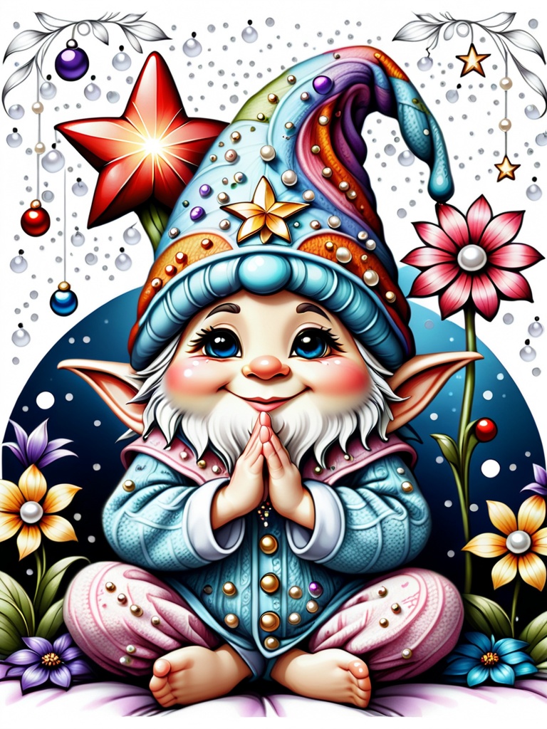 Enchanted Gnome,  coloring sheet,  With fine and elegant lines. Skinny body. He is sitting on his bed stretching his arms...