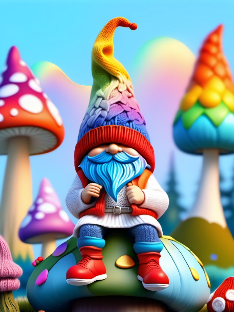 1 Enchanted gnome. He is Sitting on a Mushroom. Skinny body. Wearing white sweater,  jeans and tennis. Wearing with pointe...