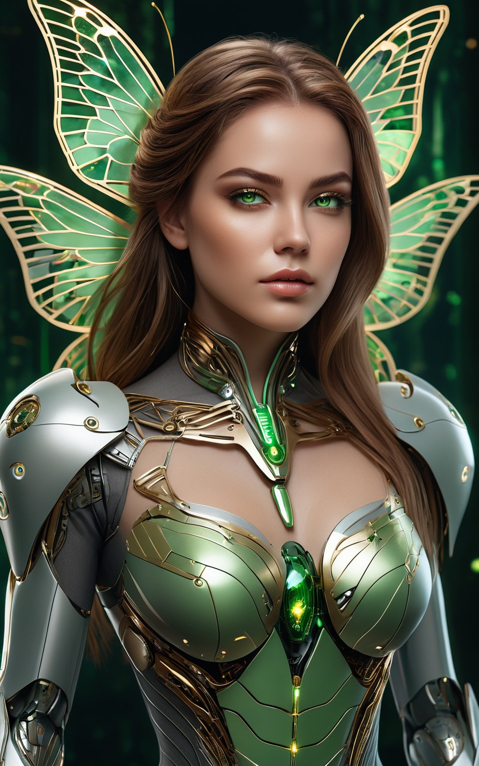 (best quality,8K,highres,masterpiece), ultra-detailed, (portrait of a stunning beauty woman, a beautiful cyborg with brown hair and sharp green eyes), an enchanting portrait capturing the beauty of a cyborg woman with striking brown hair and sharp green eyes. Her features are intricate and elegant, with every detail meticulously rendered to showcase her majestic presence. The portrait is captured through digital photography, allowing for the highest level of detail and realism. Adorning her cyborg form are delicate gold butterfly filigree accents, adding a touch of ethereal beauty to her appearance. Translucent fairy wings extend from her back, hinting at her otherworldly nature and grace. Surrounding her is a shattered glass motif, symbolizing both her fractured humanity and her resilience. This artwork captures the juxtaposition of beauty and technology, inviting the viewer to explore the depths of her character and identity. Feel free to add your own creative touches to enhance the realism and detail of this captivating portrait.