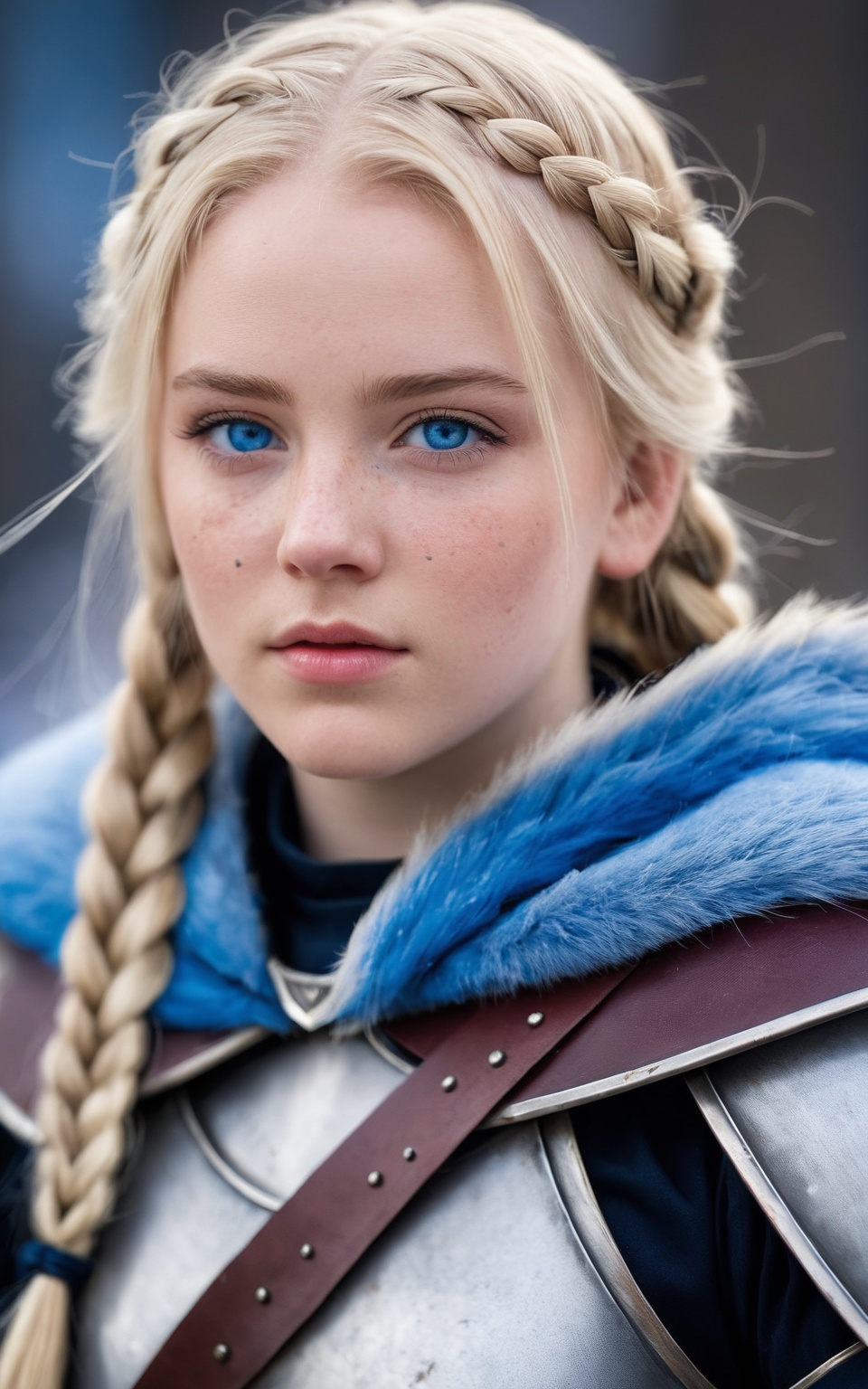 score_9,score_8_up,score_7_up,1girl,long hair,looking at viewer,blue eyes,blonde hair,upper body,braid,cape,armor,mole,twin braids,lips,fur trim,blurry background,freckles