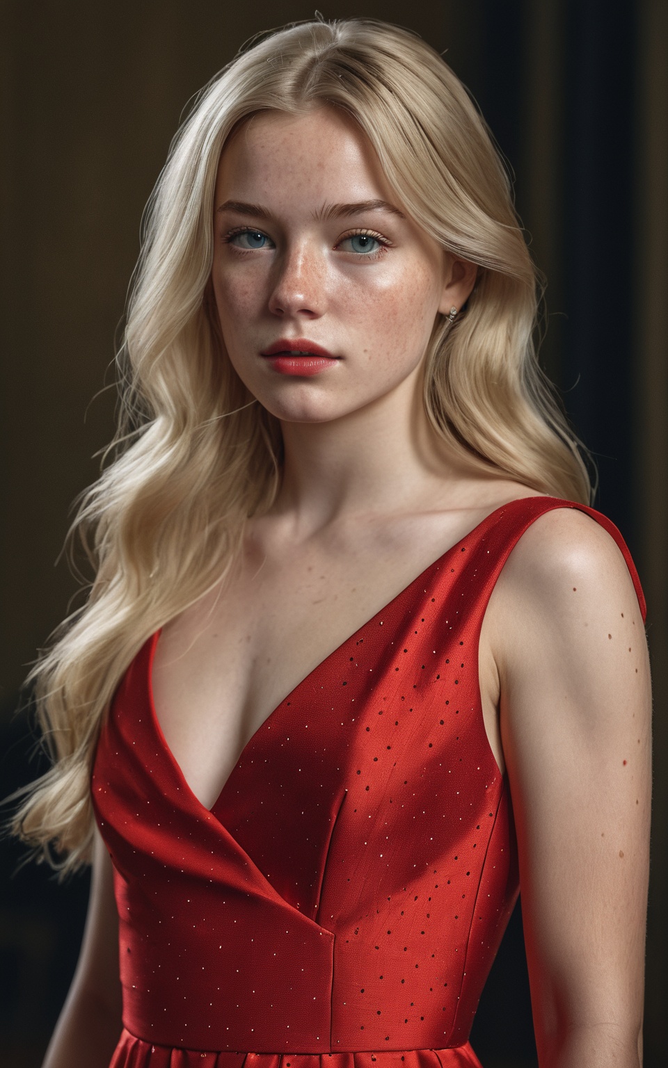 (best quality, 4k, 8k, highres, masterpiece:1.2), ultra-detailed, photorealistic, photography, 1girl, solo, long hair, looking at viewer, blonde hair, dress, upper body, lips, red dress, freckles, realistic