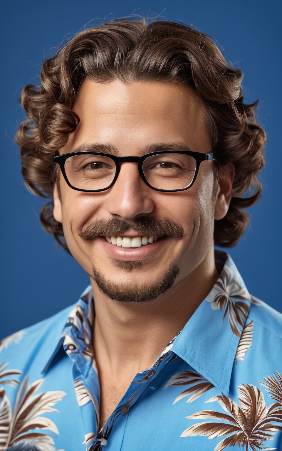 (best quality, 4k, 8k, highres, masterpiece:1.2), ultra-detailed,realistic,photorealistic,man, looking at viewer,smile,brown hair,shirt,upper body,glasses,collared shirt,lips,blue shirt,beard,brown background,black-framed eyewear,curly hair,realistic,mustache,print shirt,hawaiian shirt