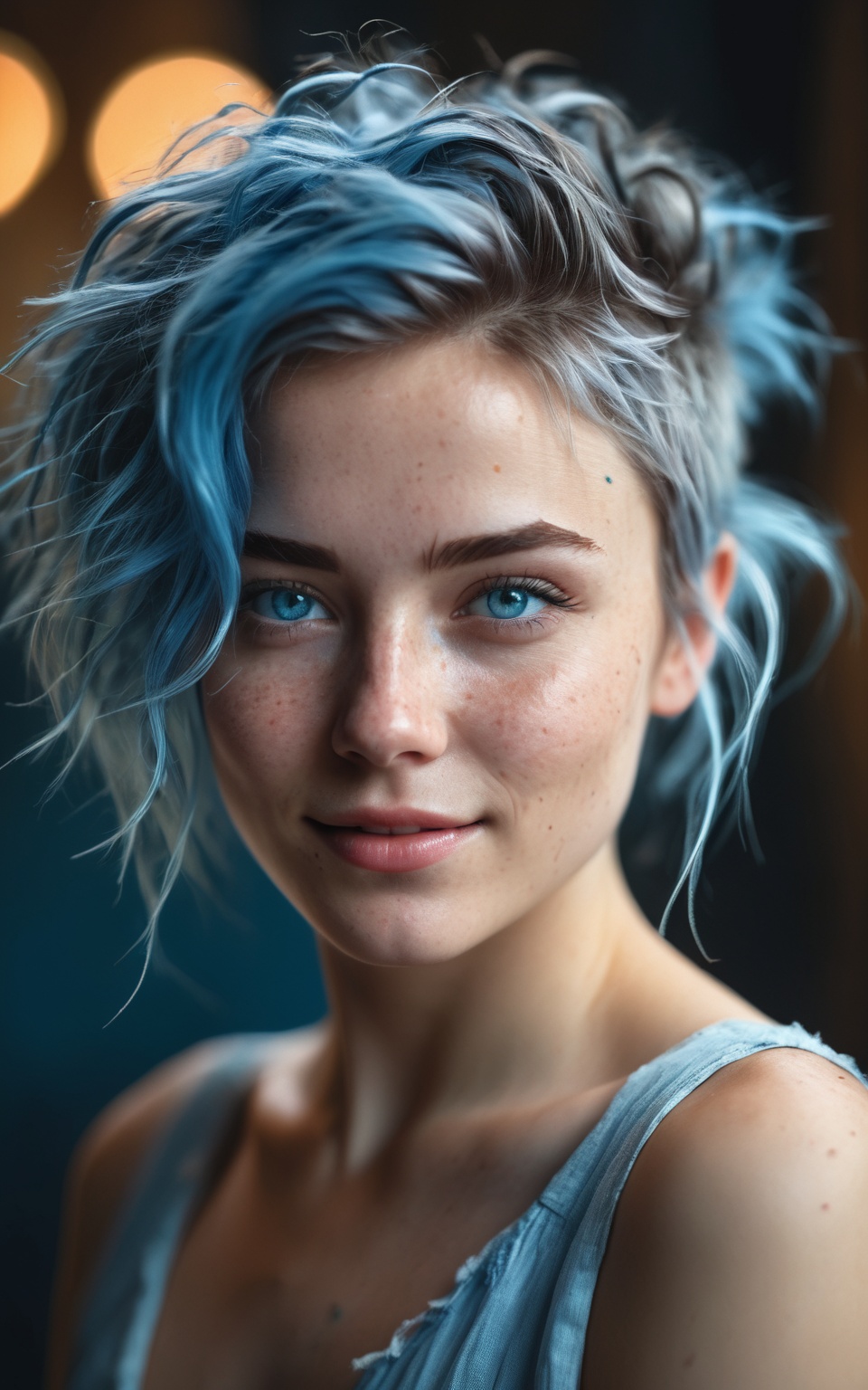 (best quality, 4k, 8k, highres, masterpiece:1.2), ultra-detailed, (realistic, photorealistic, photo-realistic:1.37), blue messy hair, light blue eyes, freckles, women, portrait, cinematic, bokeh, soft lighting, ethereal atmosphere, dreamy expressions, dynamic composition, textured background, vivid colors, subtle smile, graceful pose, professional, artistic, portrait photography