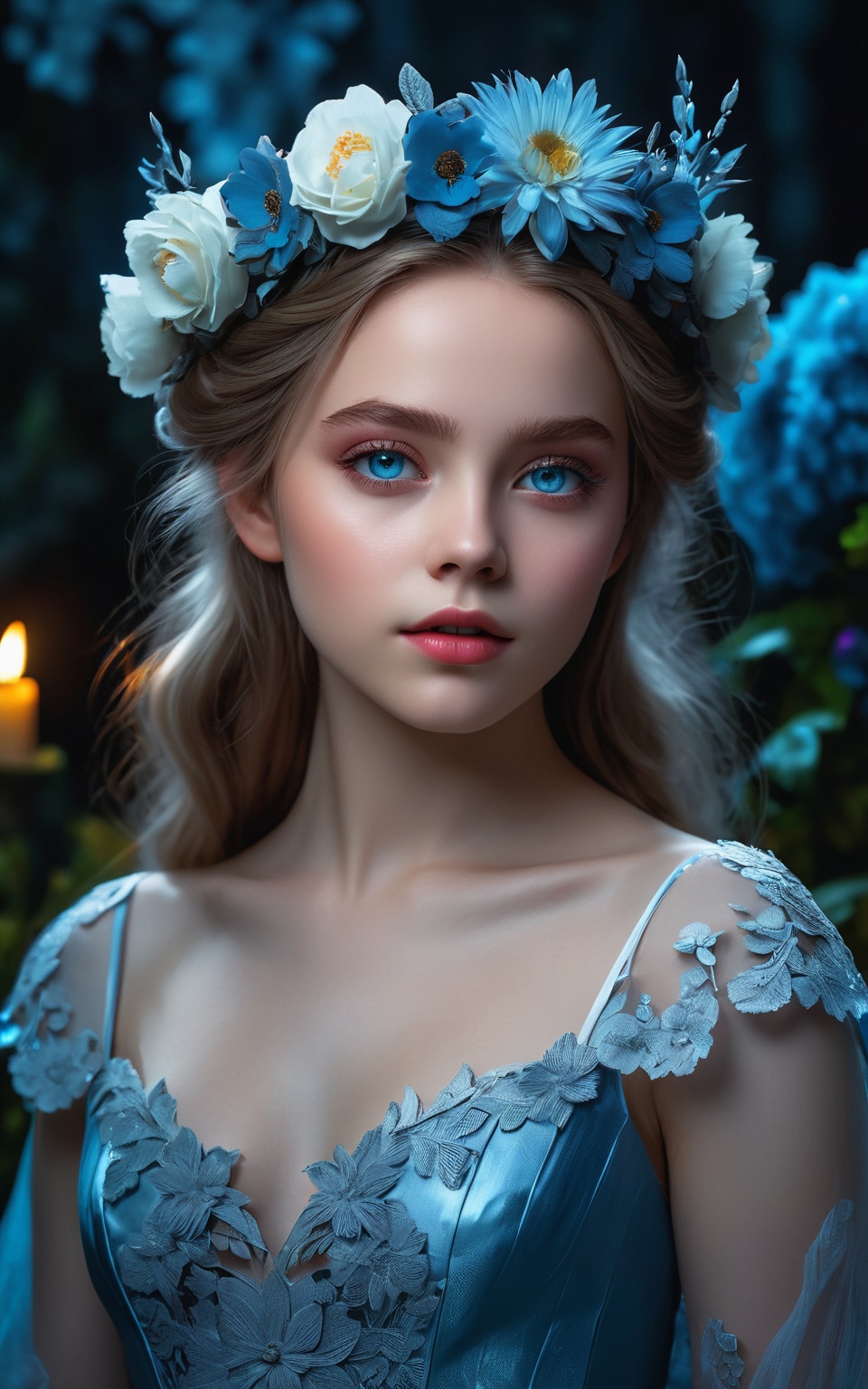 (best quality,8K,highres,masterpiece), ultra-detailed, 1girl with flower crown and icy blue eyes set within a moonlight garden. The scene is characterized by dark shadows and glowing elements, creating a contrast between light and dark. The girl's eyes shimmer with an otherworldly glow, reflecting the moonlight and adding to the ethereal atmosphere of the garden. Bright colors punctuate the scene, drawing attention to the vivid lighting and creating a sense of magic and enchantment. The dark background enhances the contrast, allowing the girl and her surroundings to stand out against the backdrop of the night garden. Feel free to add your own creative touches to further enhance the beauty and mystique of this captivating scene.