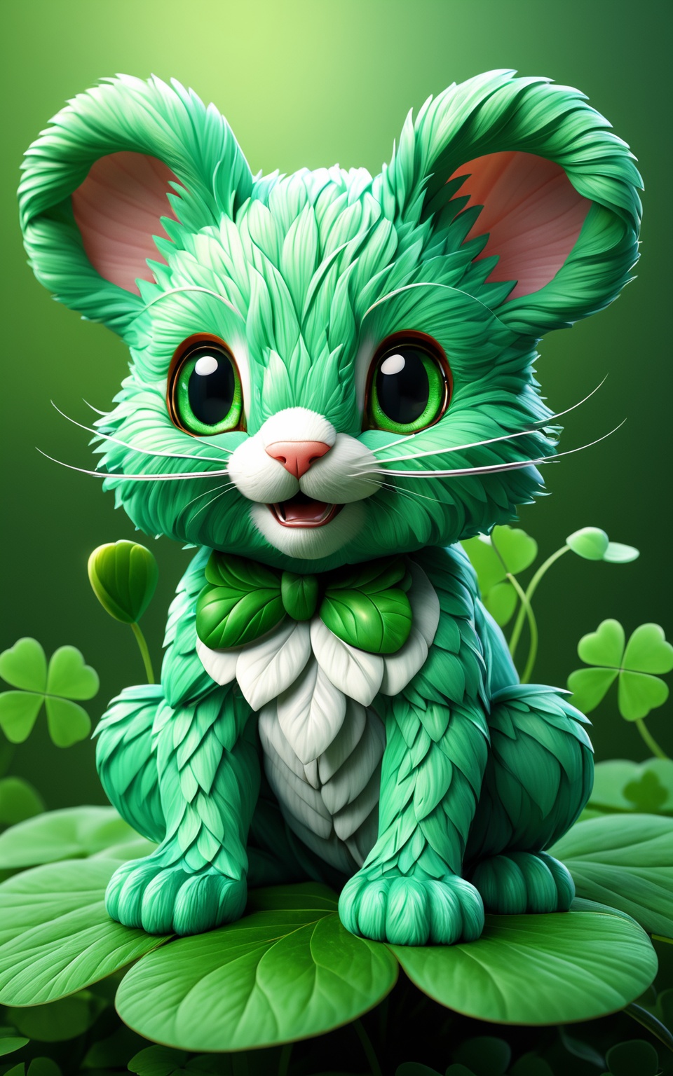 (best quality, 4k, 8k, highres, masterpiece:1.2), ultra-detailed, (cute fictional animal:1.2), four leaf clover, (art style:1.3 ), digital art, intricate details