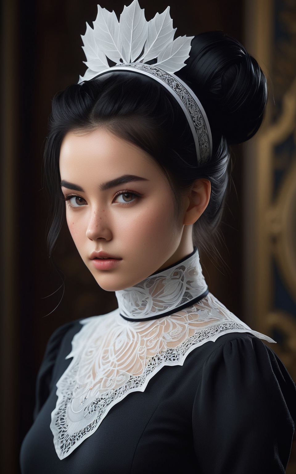 (best quality,8K,highres,masterpiece), ultra-detailed portrait showcasing a surreal harmony with a super closeup of an elegant royal female maid. The portrait features a high collar adorned with intricate details, complemented by a flamboyant luminous scarf that exudes an ethereal glow. The maid's body form resembles that of ergo Proxy, adding an otherworldly element to the composition. Her messy black hair is styled into a bun, adorned with freckles that add a touch of whimsy to her appearance. Despite her weak luminosity, her blushed questioning look from beneath captures the viewer's attention. She wears a knitted hairband and knitted wooly stockings, adding texture and warmth to her ensemble. Surrounding her is a wind leaf vortex, consisting of translucent, levitating luminous leaves that evoke an art nouveau style. This artwork is a mesmerizing blend of fantasy and elegance, inviting viewers to explore its intricate details and whimsical charm.