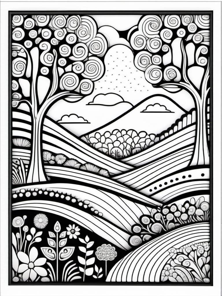 Coloring Sheet,  monochrome,  desatured. draw with fine and elegant lines. A whimsical folk art. surreal naive art style i...