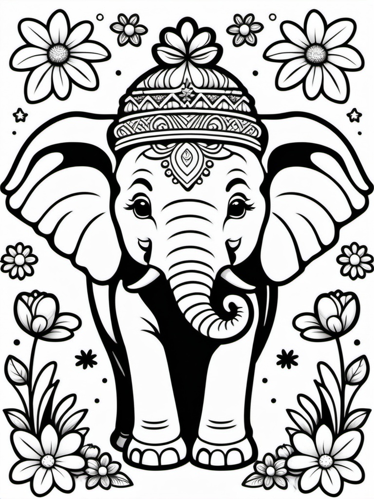 Coloring Sheet,  monochrome,  desatured. Enchanted atrophormized elephant on Tensor.Art