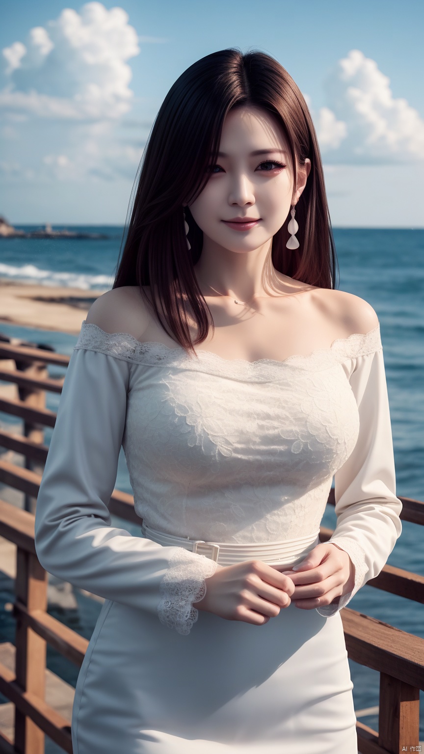 masterpiece, best quality, 8K, ultra high res, HZMiHua, Mature woman, solo,up body, seaside, belt, lace, earrings, collarbone, (mole under mouth: 1.3), hair over one eye, long sleeves, dress