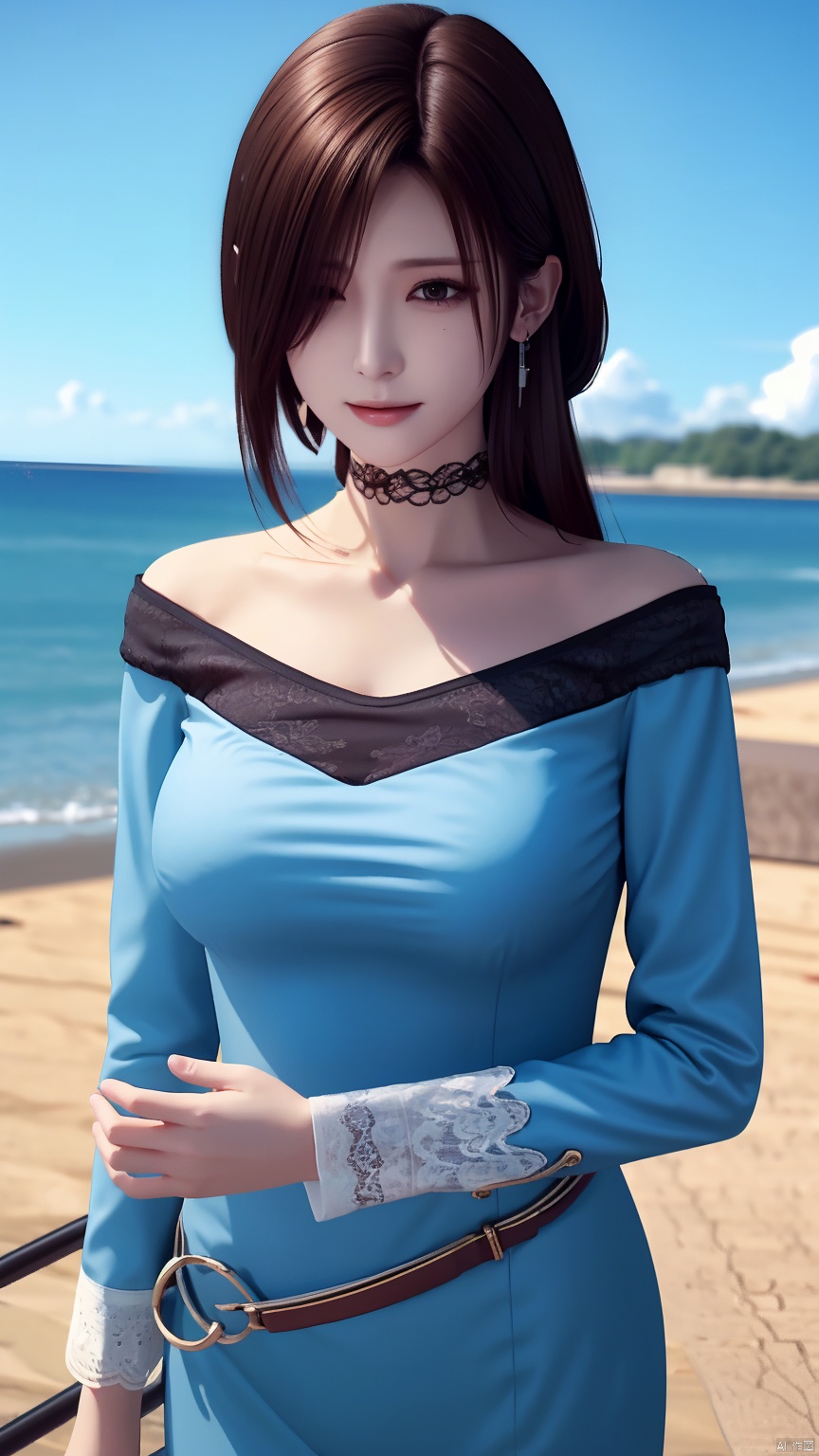 masterpiece, best quality, 8K, ultra high res, HZMiHua, Mature woman, solo,up body, seaside, belt, lace, earrings, collarbone, (mole under mouth: 1.3), hair over one eye, long sleeves, dress