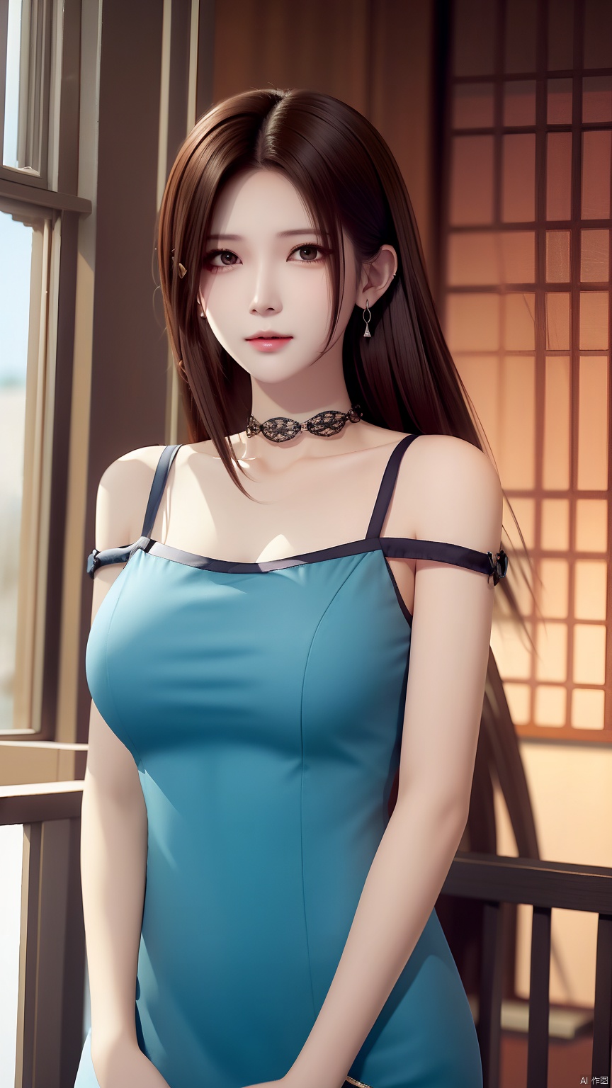 HZMiHua, 1girl, solo, brown hair, dress, bare shoulders, jewelry, earrings, choker, necklace, mole, hair over half an eye, lips, mole under mouth,cowboy shot
