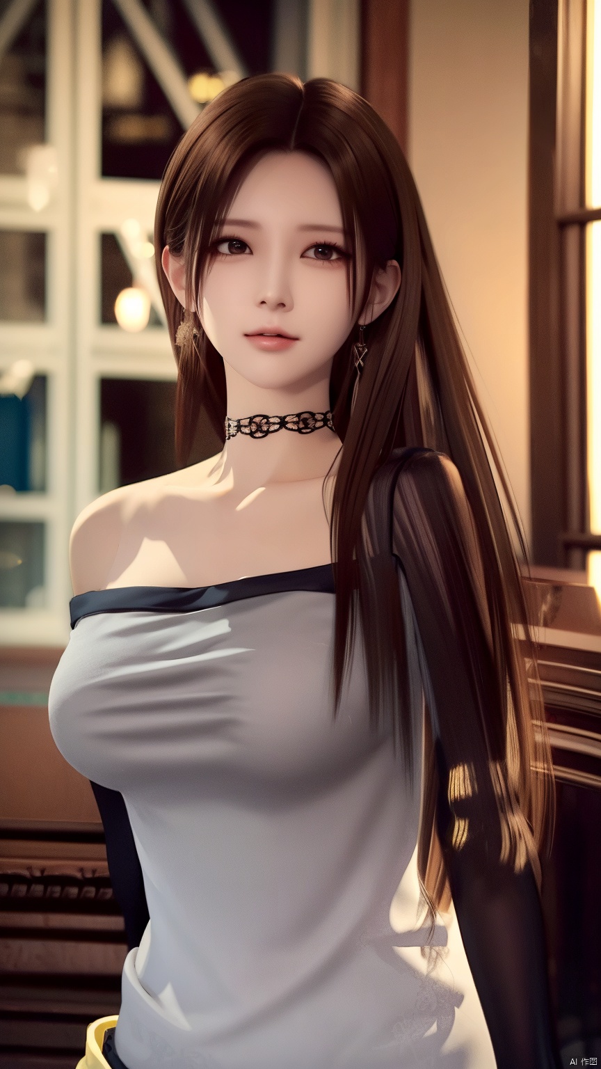HZMiHua, 1girl, solo, brown hair, dress, bare shoulders, jewelry, earrings, choker, necklace, mole, hair over half an eye, lips, mole under mouth,cowboy shot