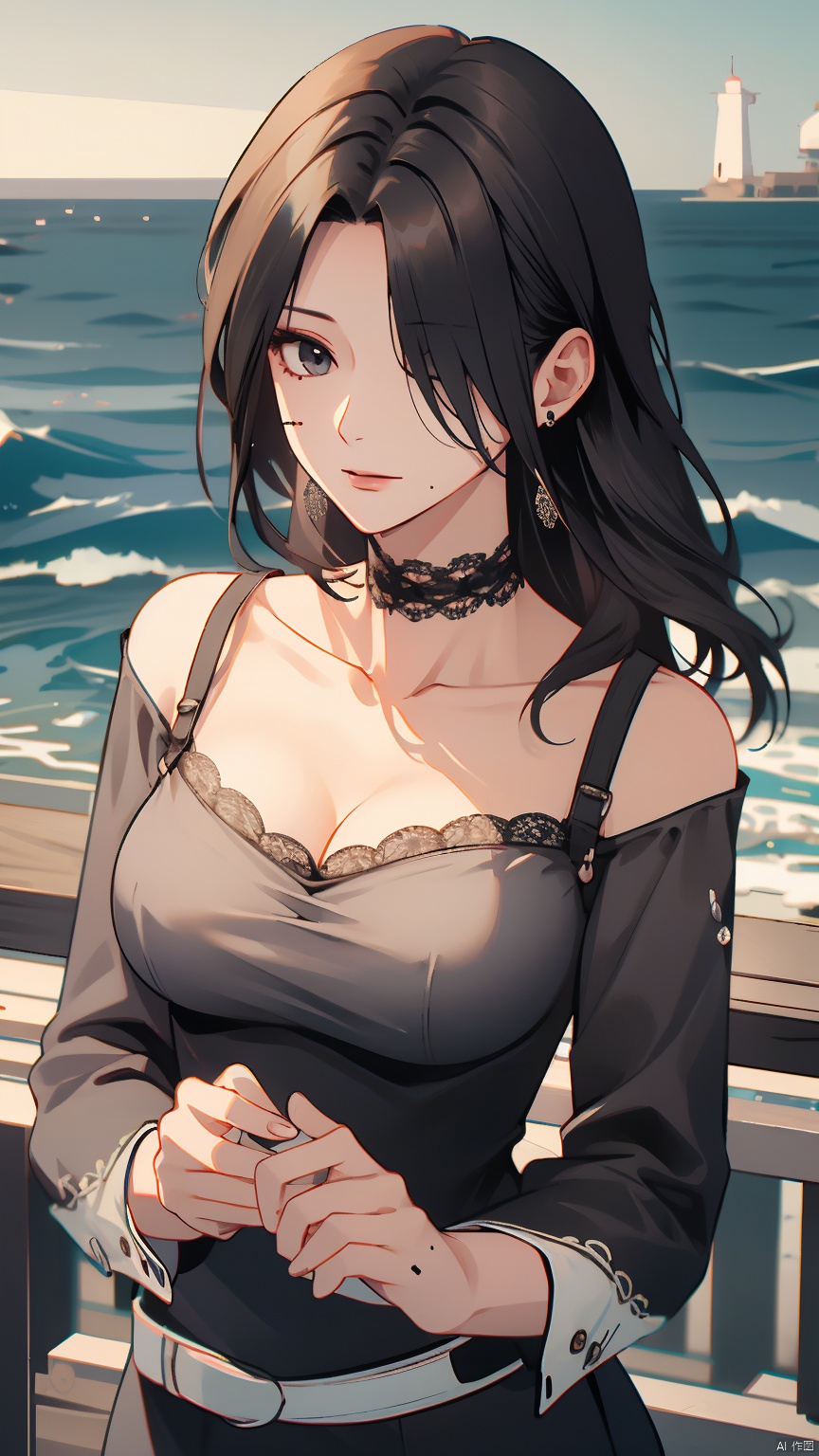 masterpiece, best quality, 8K, ultra high res, HZMiHua, Mature woman, solo,up body, seaside, belt, lace, earrings, collarbone, (mole under mouth: 1.3), hair over one eye, long sleeves, dress