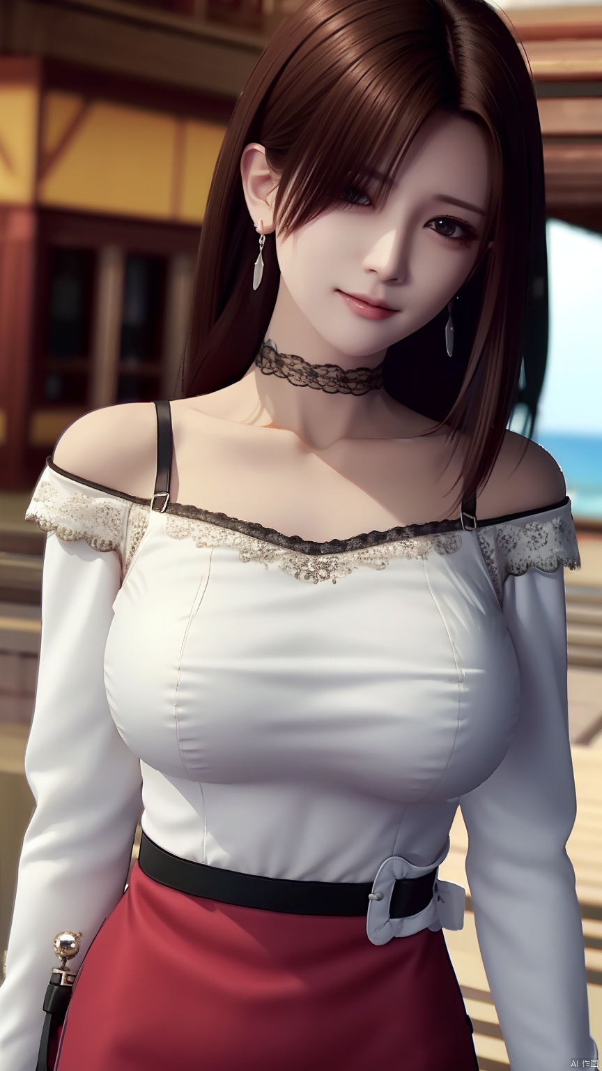 masterpiece, best quality, 8K, ultra high res, HZMiHua, Mature woman, solo,up body, seaside, belt, lace, earrings, collarbone, (mole under mouth: 1.3), hair over one eye, long sleeves, dress