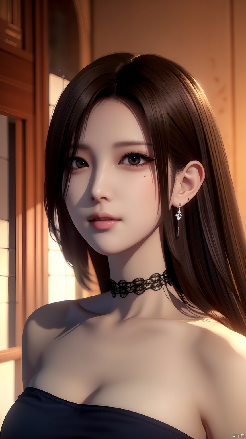 HZMiHua, 1girl, solo, brown hair, dress, bare shoulders, jewelry, earrings, choker, necklace, mole, hair over half an eye, lips, mole under mouth,cowboy shot