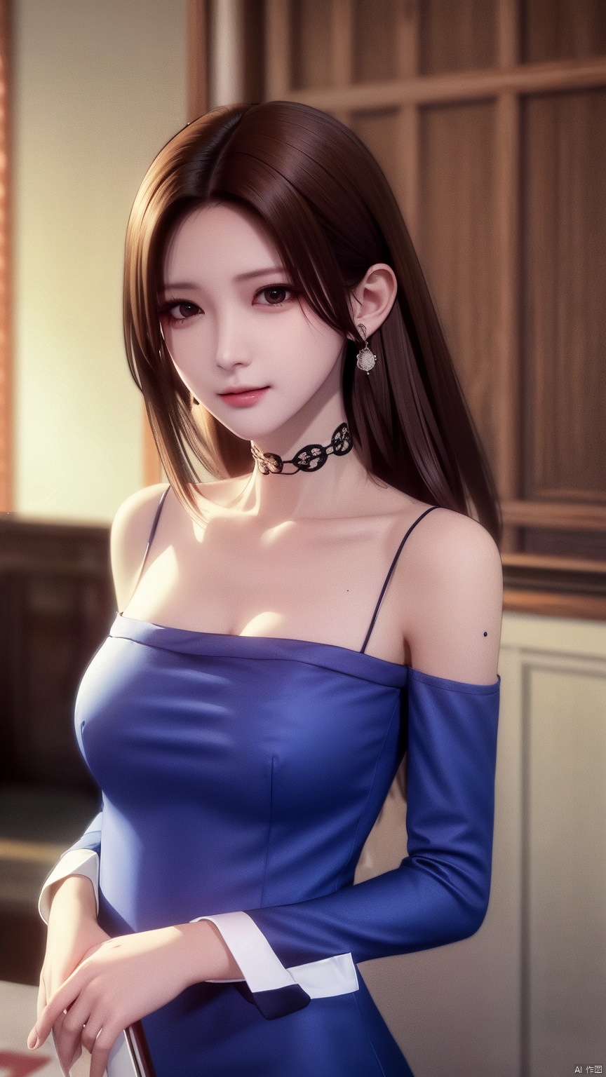 HZMiHua, 1girl, solo, brown hair, dress, bare shoulders, jewelry, earrings, choker, necklace, mole, hair over half an eye, lips, mole under mouth,cowboy shot