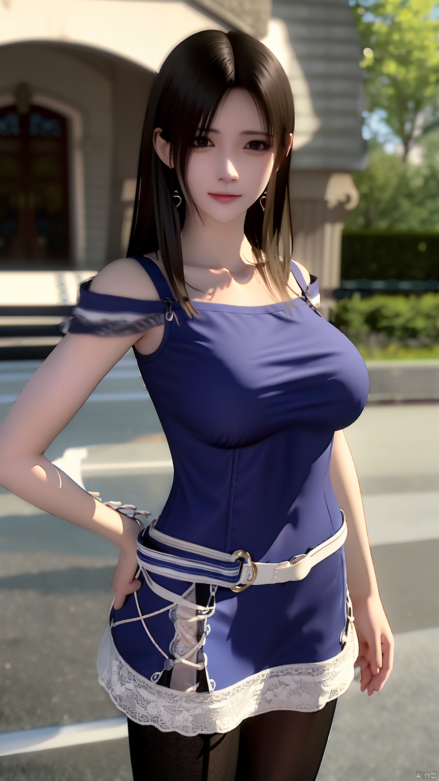 masterpiece, best quality, 8K, ultra high res, HZMiHua, Mature woman, solo,up body, seaside, long hair, pantyhose, Blue dress, belt, lace, earrings, collarbone, (mole under mouth),