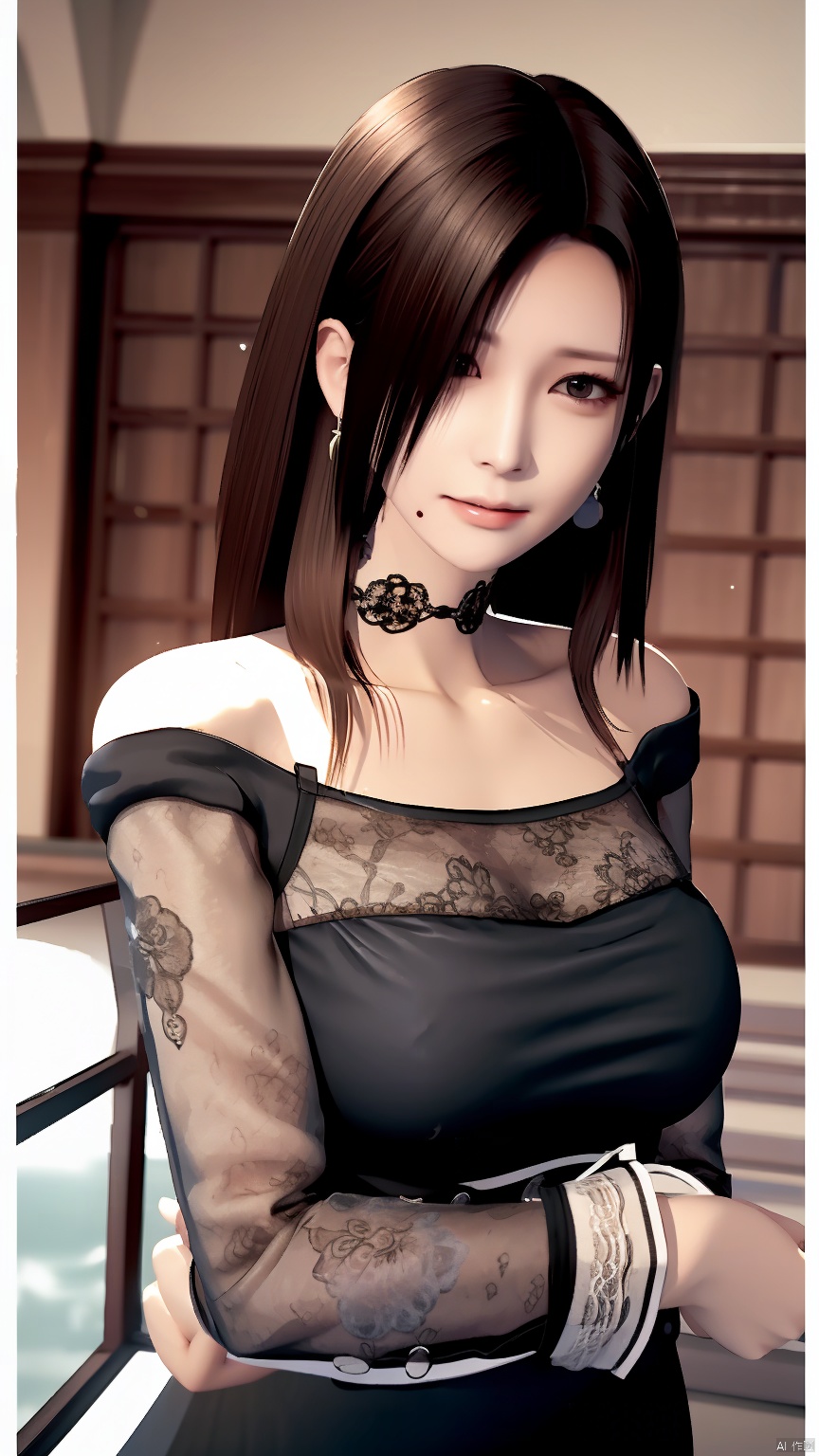 masterpiece, best quality, 8K, ultra high res, HZMiHua, Mature woman, solo,up body, seaside, belt, lace, earrings, collarbone, (mole under mouth: 1.3), hair over one eye, long sleeves, black dress