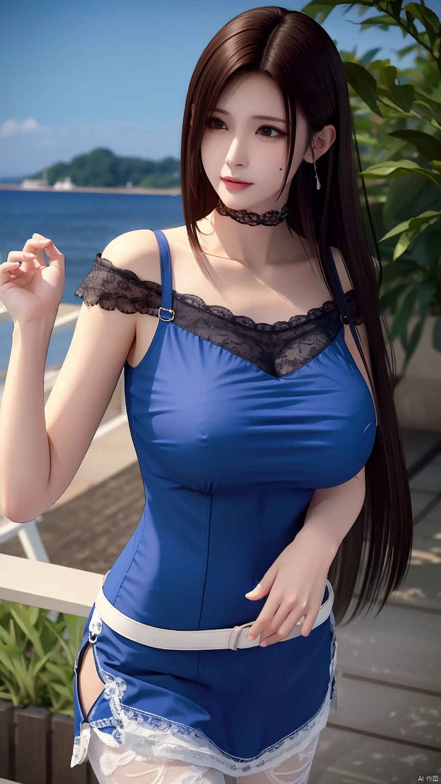 masterpiece, best quality, 8K, ultra high res, HZMiHua, Mature woman, solo,up body, seaside, long hair, pantyhose, Blue dress, belt, lace, earrings, collarbone, (mole under mouth: 1.1), (mole),