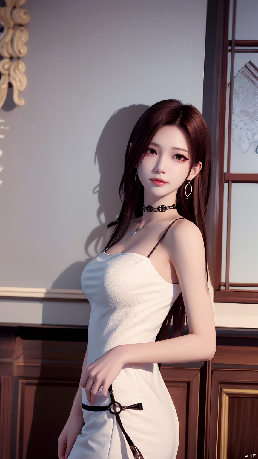 HZMiHua, 1girl, solo, brown hair, dress, bare shoulders, jewelry, earrings, choker, necklace, mole, hair over half an eye, lips, mole under mouth,cowboy shot